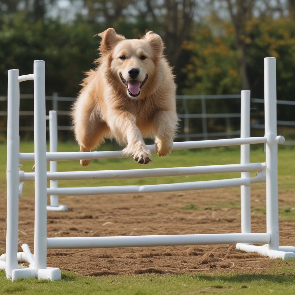 A big dog jumping over a barrier